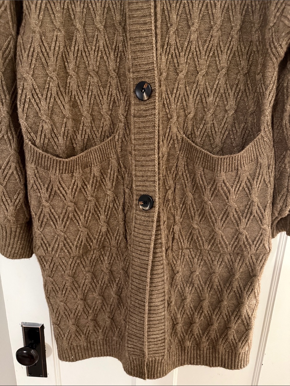 Button-Front Long Knit Cardigan with Denim Collar - Brown - Picture 3 of 6
